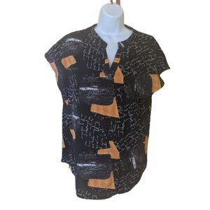 ---  Short Sleeve Black Top Blouse Button Down Shirt Orange Size Large